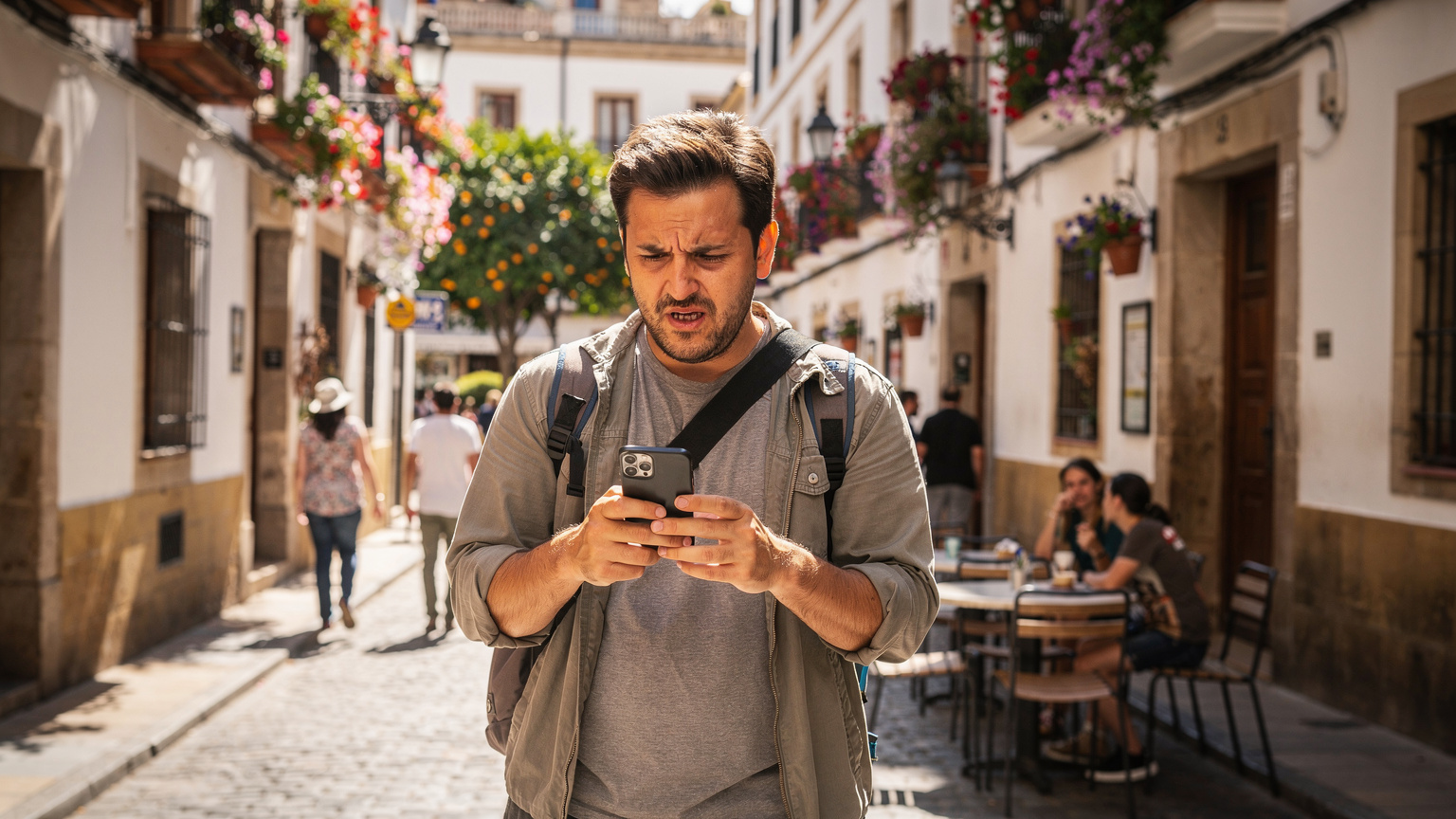 Un viajero consulta su teléfono en una calle concurrida de Sevilla, España, buscando indicaciones en un día soleado.