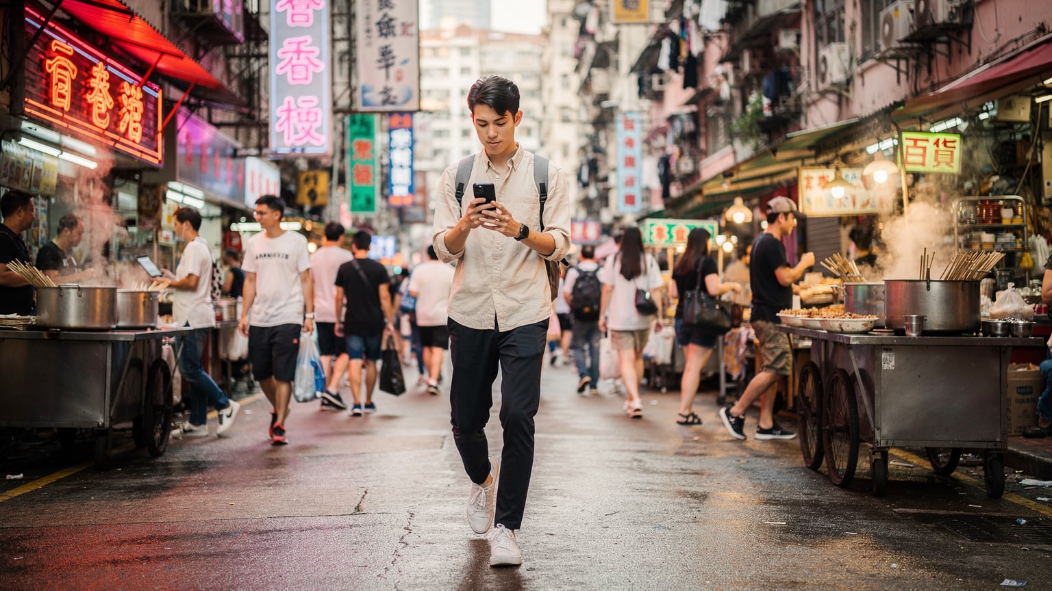 一位旅客在香港繁忙的街頭使用手機，背景是密集的招牌和穿梭的人群，展現了城市快速的節奏。