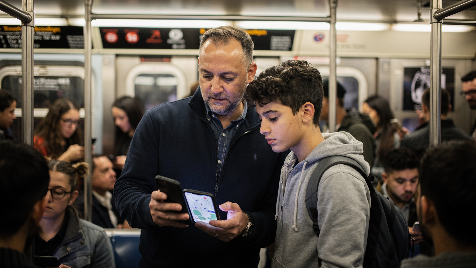 Un padre e suo figlio adolescente sono in piedi in un vagone della metropolitana affollato a New York, entrambi guardano lo smartphone del padre che mostra una mappa, con cartelli in inglese e passeggeri multietnici sullo sfondo.