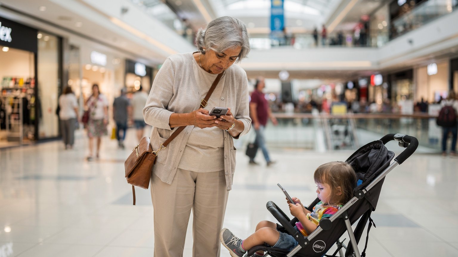 Una donna anziana, con un'espressione leggermente confusa, consulta una mappa digitale sul suo smartphone all'interno di un grande e affollato centro commerciale americano, mentre un bambino piccolo gioca con un tablet nel passeggino accanto a lei.