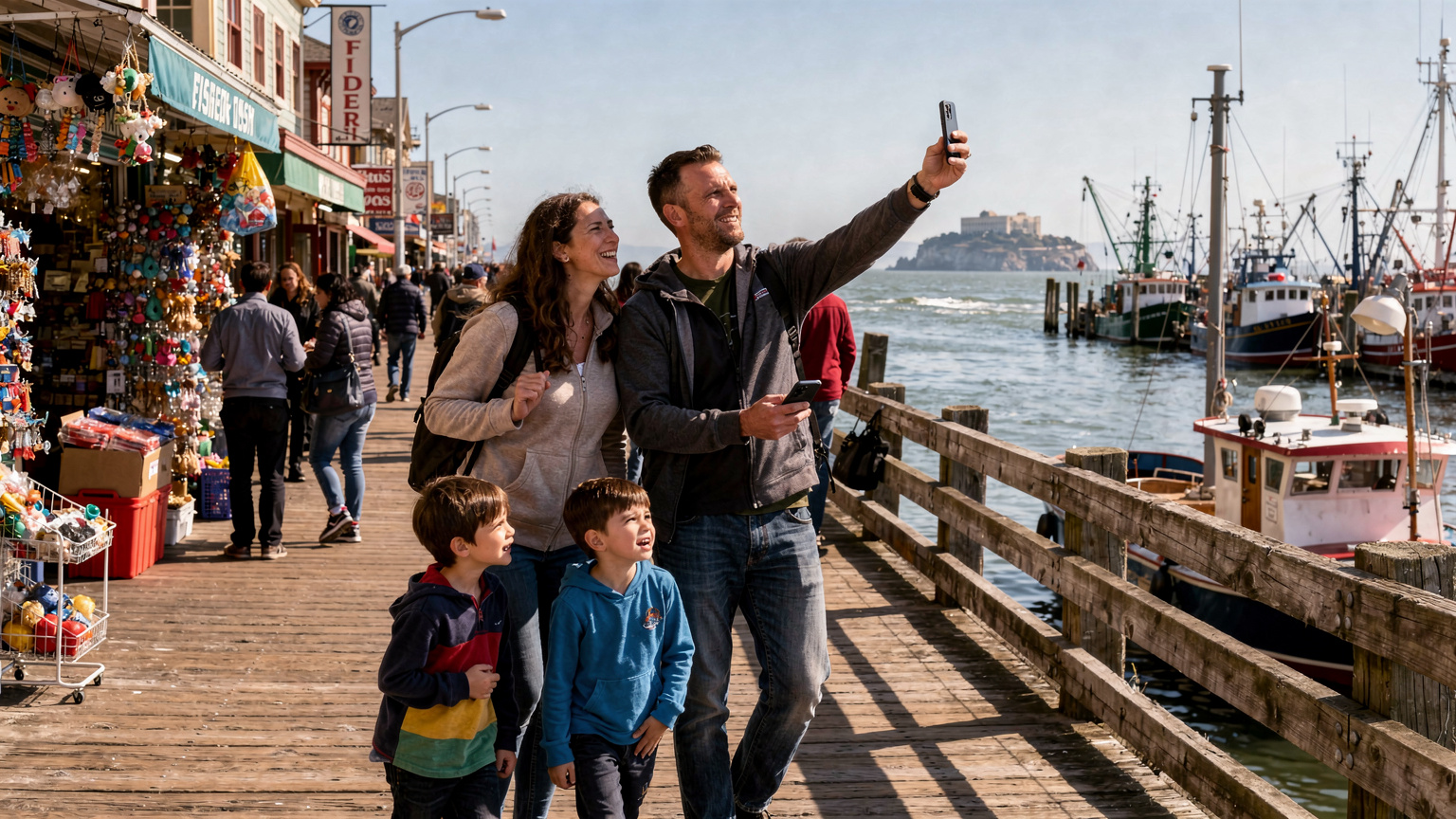 Una famiglia di quattro persone cammina vivacemente lungo un molo a Fisherman's Wharf a San Francisco, con il padre che tiene in mano uno smartphone per navigare e indicare la direzione, mentre i bambini guardano curiosi.