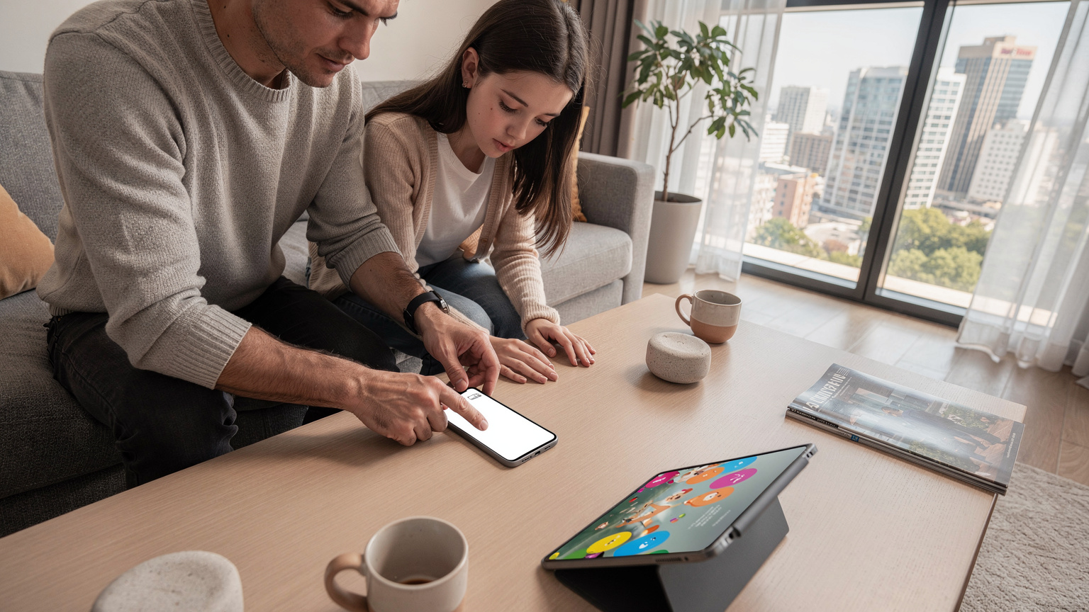 Un padre e sua figlia adolescente installano una eSIM su uno smartphone, posato su un tavolino da caffè, con un tablet aperto che mostra un film per bambini in sottofondo, in un soggiorno moderno con ampie finestre che si affacciano su uno skyline urbano.