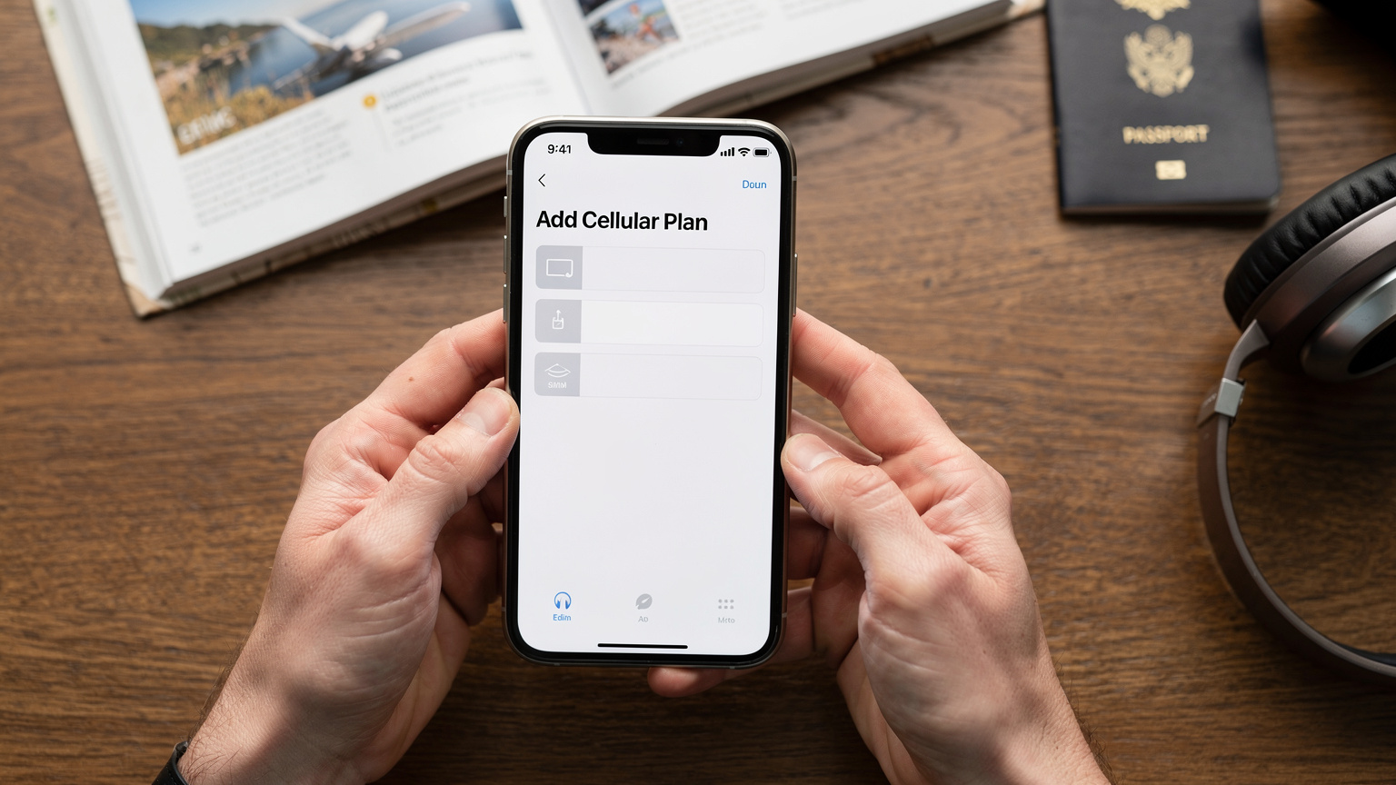 一雙手握著一台 iPhone，屏幕上顯示著「新增行動方案」的界面，正準備掃描一個 eSIM 的 QR Code，背景是模糊的旅遊指南和護照。