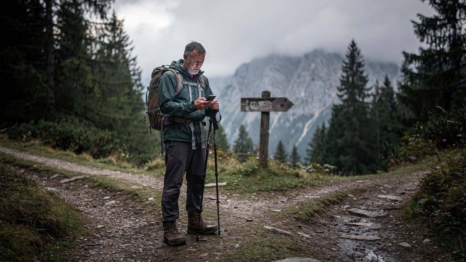 Cestovatel s batohem a turistickými holemi stojí na křižovatce horských cest v rakouských Alpách a zmateně se dívá na svůj telefon, který zjevně nemá signál. V pozadí je hustý les a mlha.