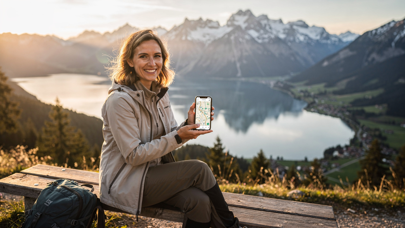 Cestovatelka se usmívá a drží telefon s mapou trasy, zatímco sedí na lavičce s výhledem na zasněžené alpské vrcholky v oblasti Salzkammergut, Rakousko.