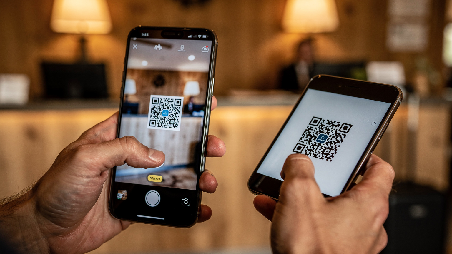 Detailní záběr na ruce cestovatele, který drží chytrý telefon a skenuje QR kód z jiného zařízení. V pozadí je rozostřená recepce horského hotelu v Rakousku, naznačující příjezd a rychlou aktivaci eSIM.