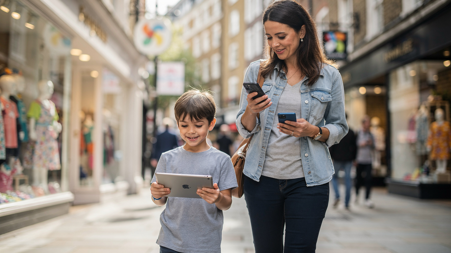 Londra'daki bir çocuk giyim mağazasının önünde, annesiyle birlikte yürürken elinde tablet olan bir çocuk. Annesi telefonunda haritaya bakıyor gibi görünüyor, ikisi de rahat ve bağlantılı bir seyahat ruh halindeler.