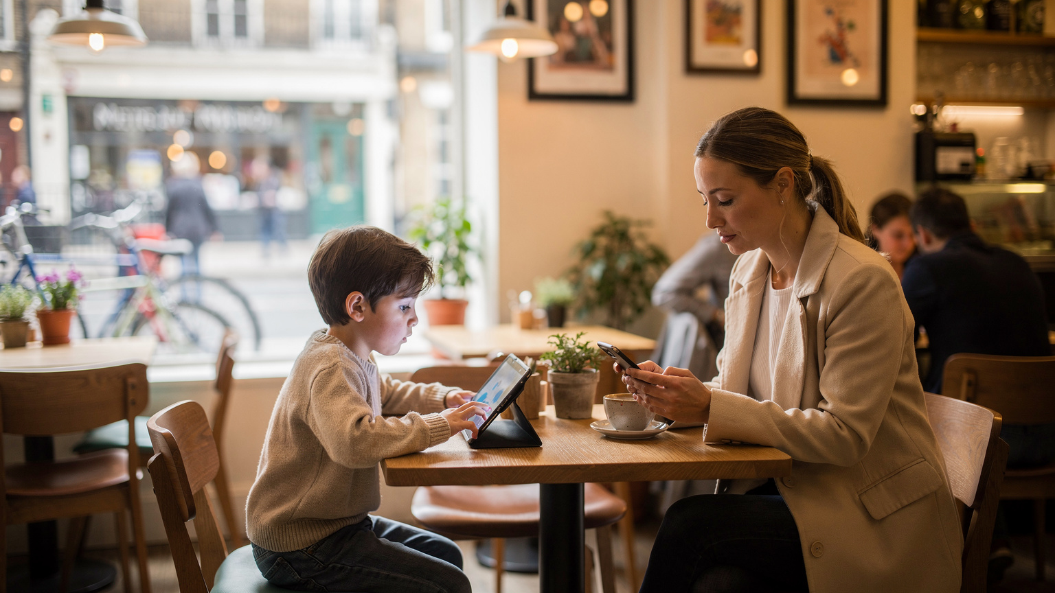 Londra'daki bir kafede, annesiyle birlikte oturan bir çocuk, tabletinde online bir eğitim içeriği izliyor. Annesi ise kendi telefonunda Cellesim uygulamasını kontrol ediyor. Arka planda kafenin canlı atmosferi ve dışarıdaki İngiliz sokakları bulanık görünüyor.
