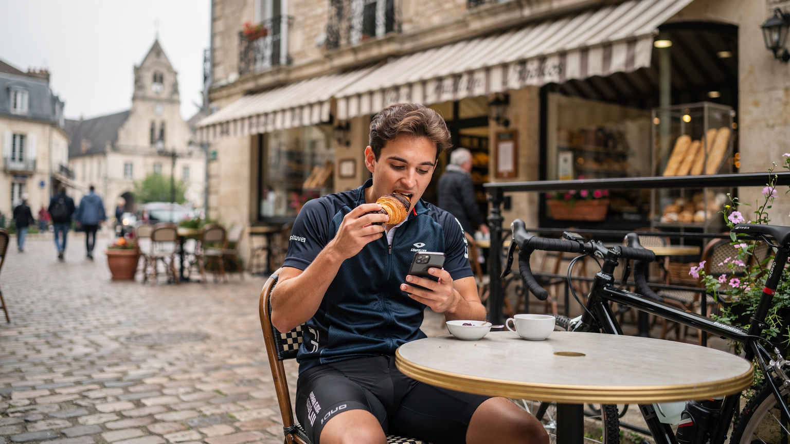 Een jonge fietser in een Frans dorpje geniet van een lokale patisserie terwijl hij zijn telefoon controleert, met een traditionele bakkerij en lokale bewoners op de achtergrond.