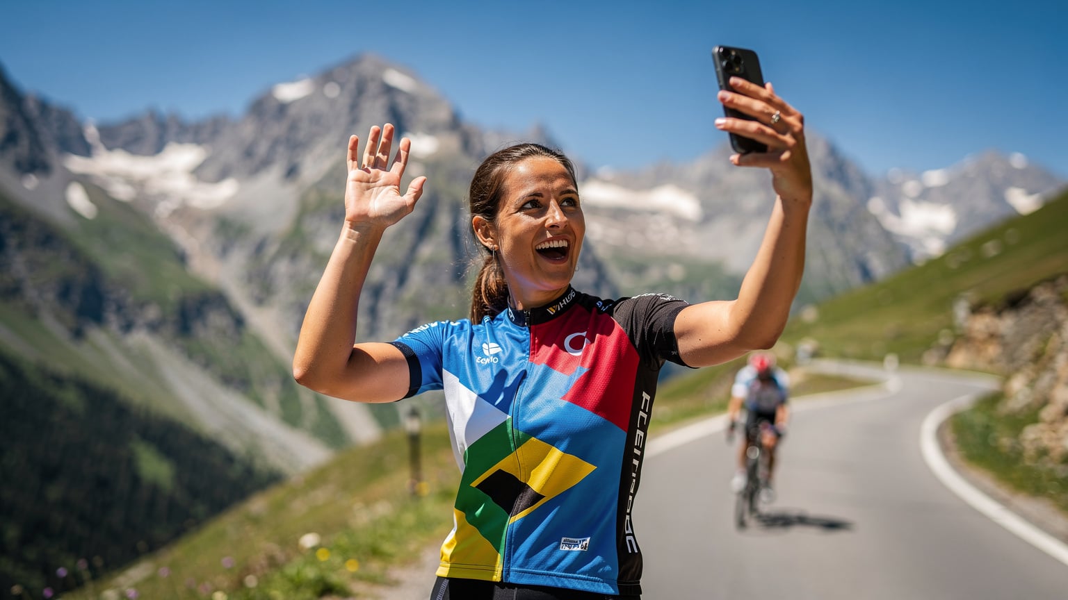 Een wielerfan langs de route van de Tour de France in de Franse Alpen, vrolijk zwaaiend en een foto makend met haar telefoon, met bergen en een doorkomende renner op de achtergrond.