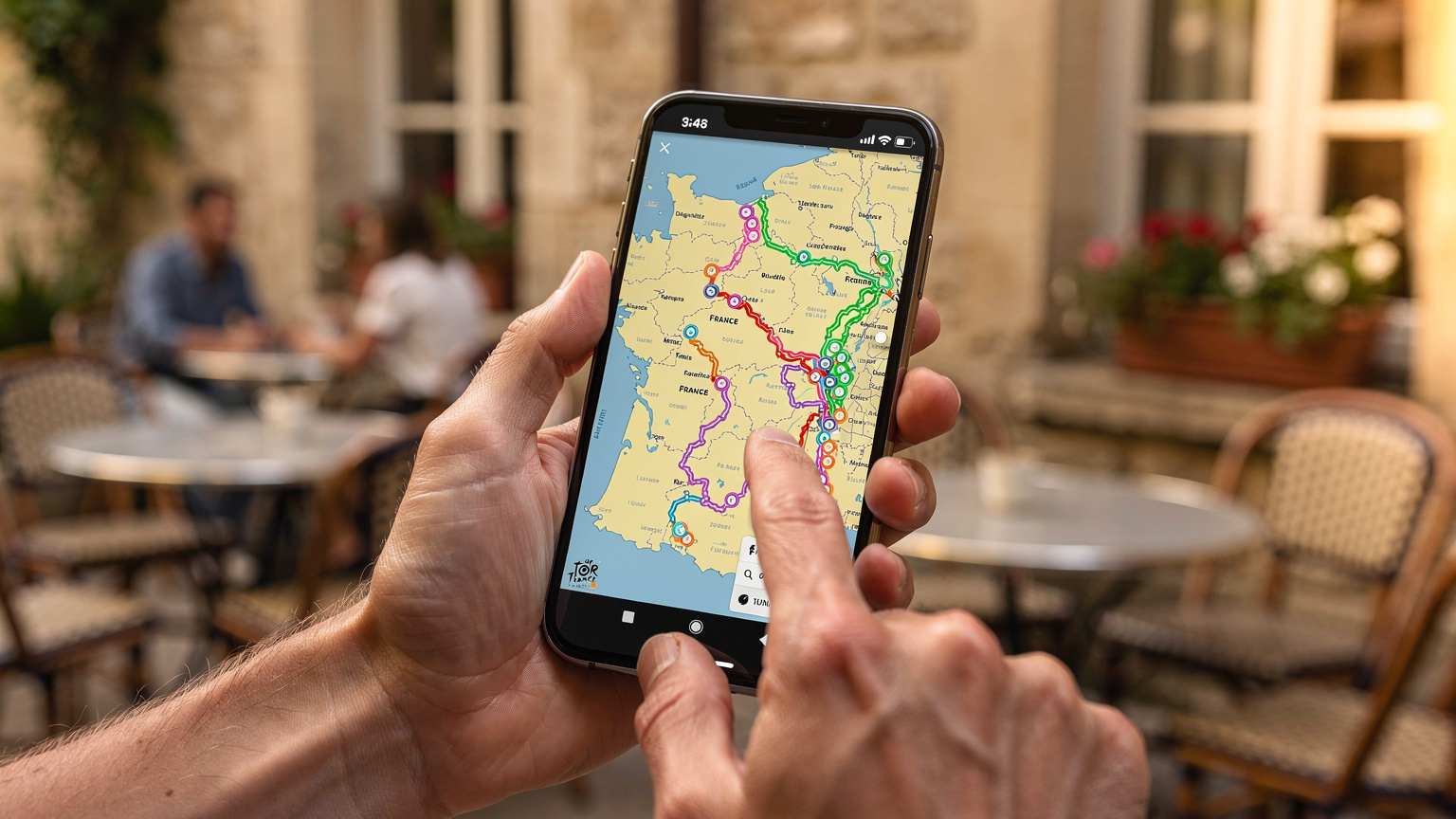 Close-up van handen die een smartphone vasthouden, met op het scherm een kaart van Frankrijk en gemarkeerde etappes van de Tour de France, met een vaag uitzicht op een Frans café op de achtergrond.