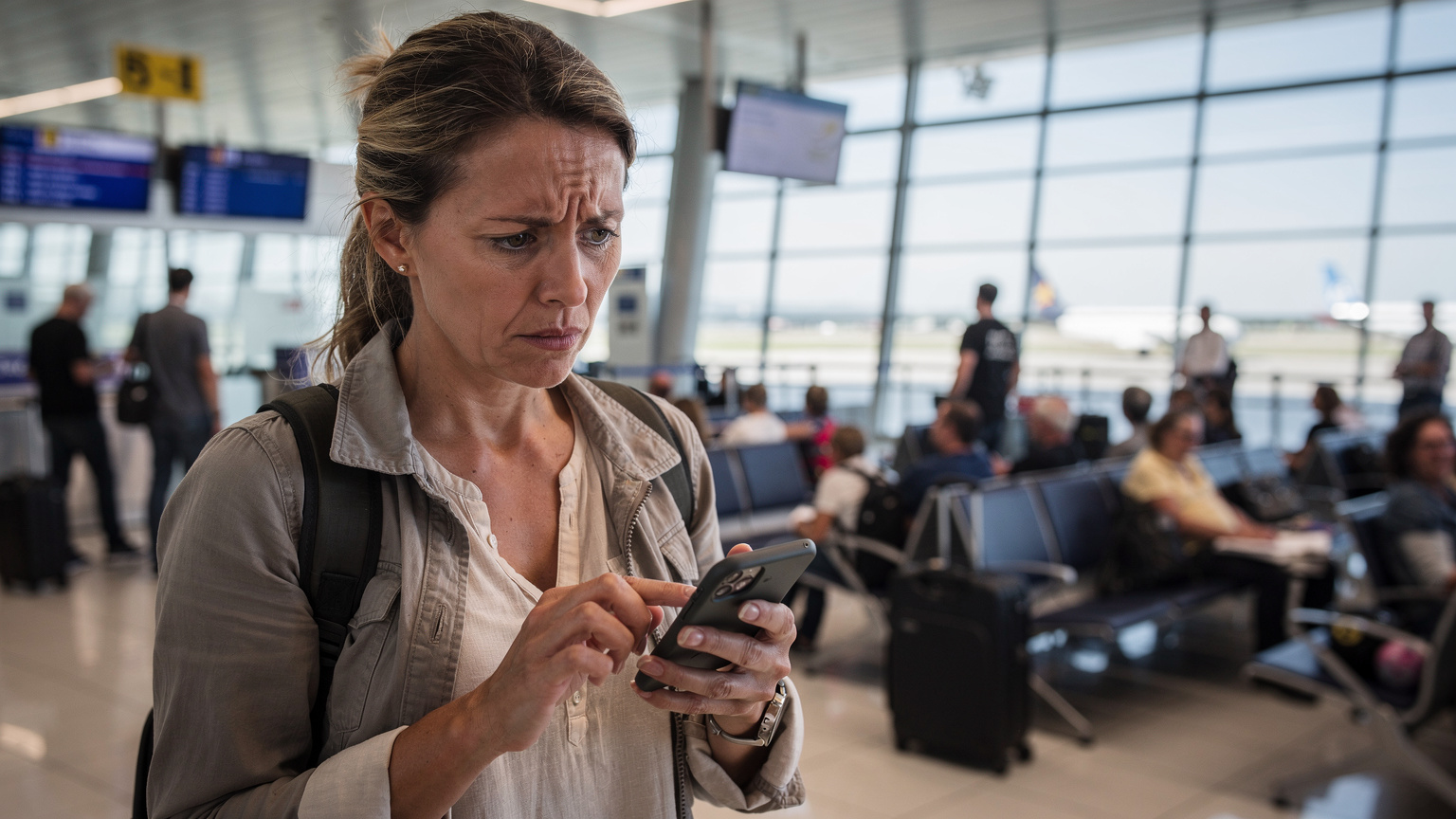 Een gefrustreerde reiziger bekijkt haar smartphone bij een overvolle gate op een Franse luchthaven, met een blik van zorg op haar gezicht, terwijl andere reizigers achter haar ongeduldig wachten.