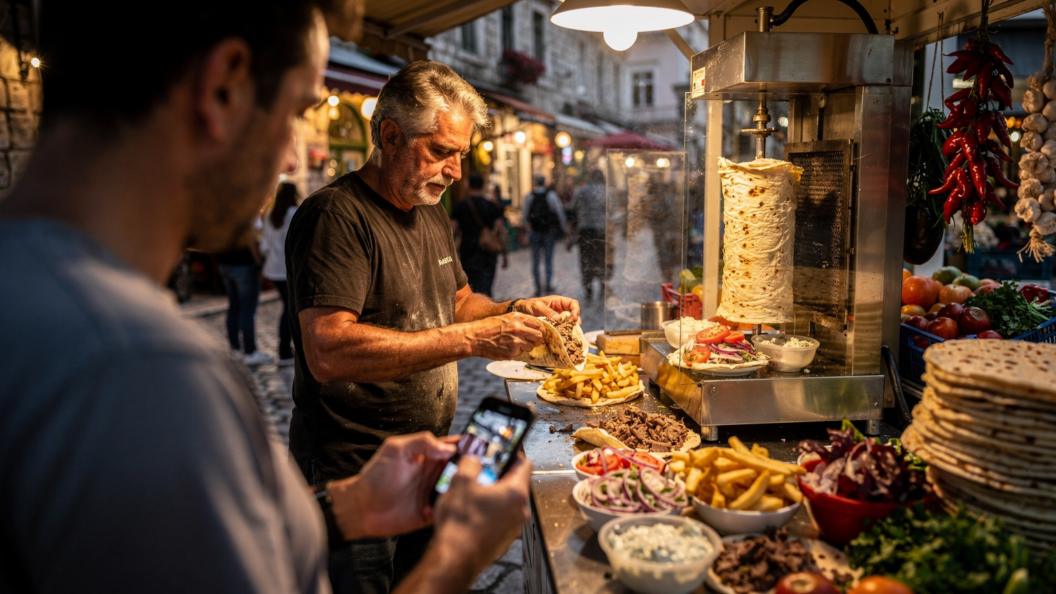 A street food vendor in Thessaloniki, Greece, carefully preparing a gyro, with a customer in the foreground looking at their phone, suggesting the need for easy data access while exploring local cuisine.