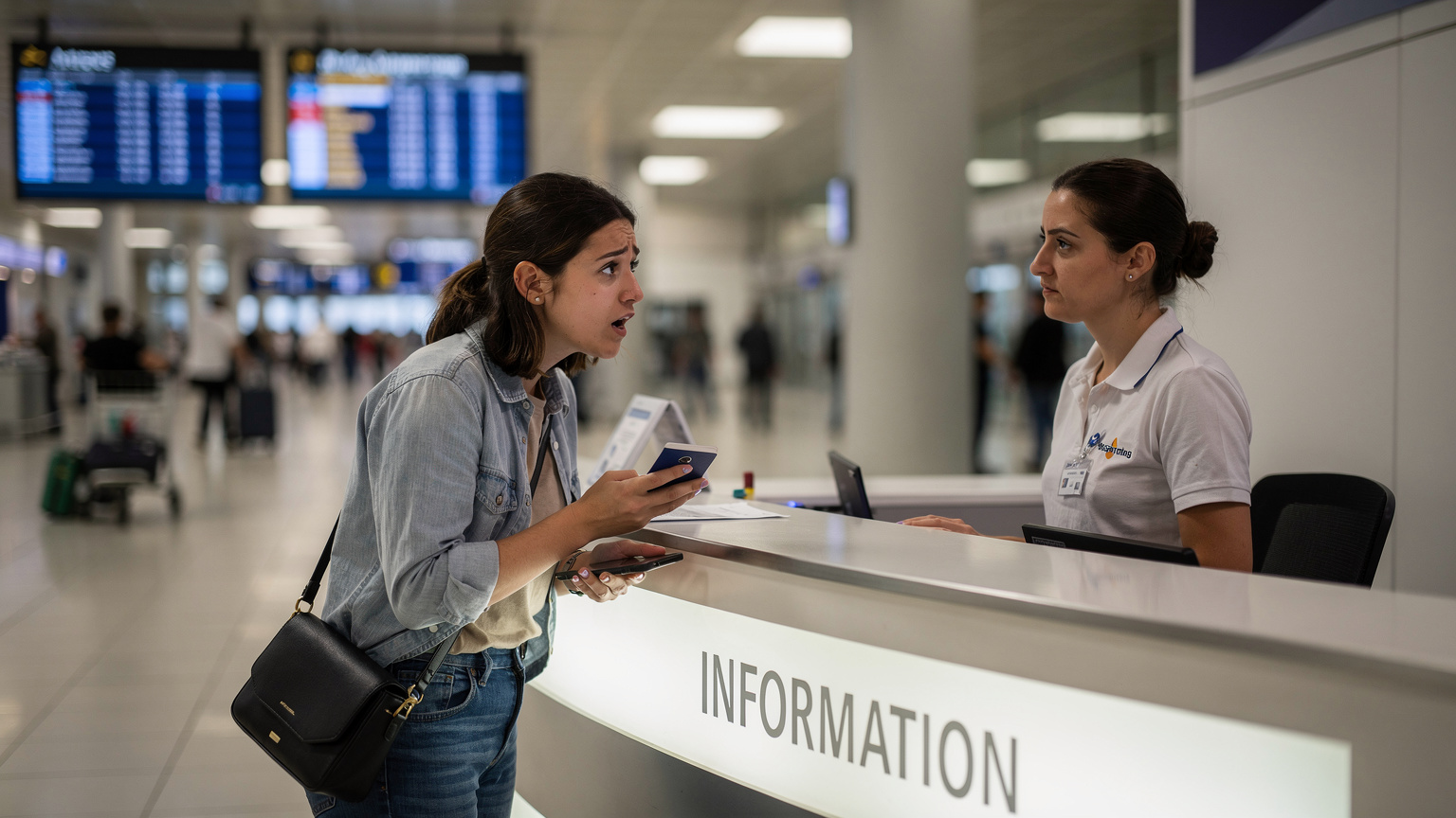 A traveler looking stressed and confused at an airport information desk, holding her phone and passport, illustrating a common travel frustration with connectivity issues.