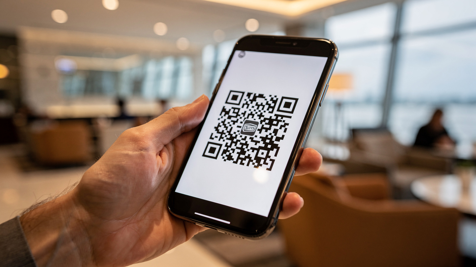 A close-up shot of a hand scanning a QR code for eSIM activation on a smartphone, with a blurred background of a modern travel hub, emphasizing the ease of digital setup.