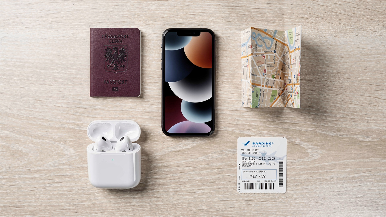 Uspořádaný flat-lay cestovních nezbytností: pas, chytrý telefon s otevřenou aplikací pro eSIM, sluchátka a lokální mapa, připravené k odletu.