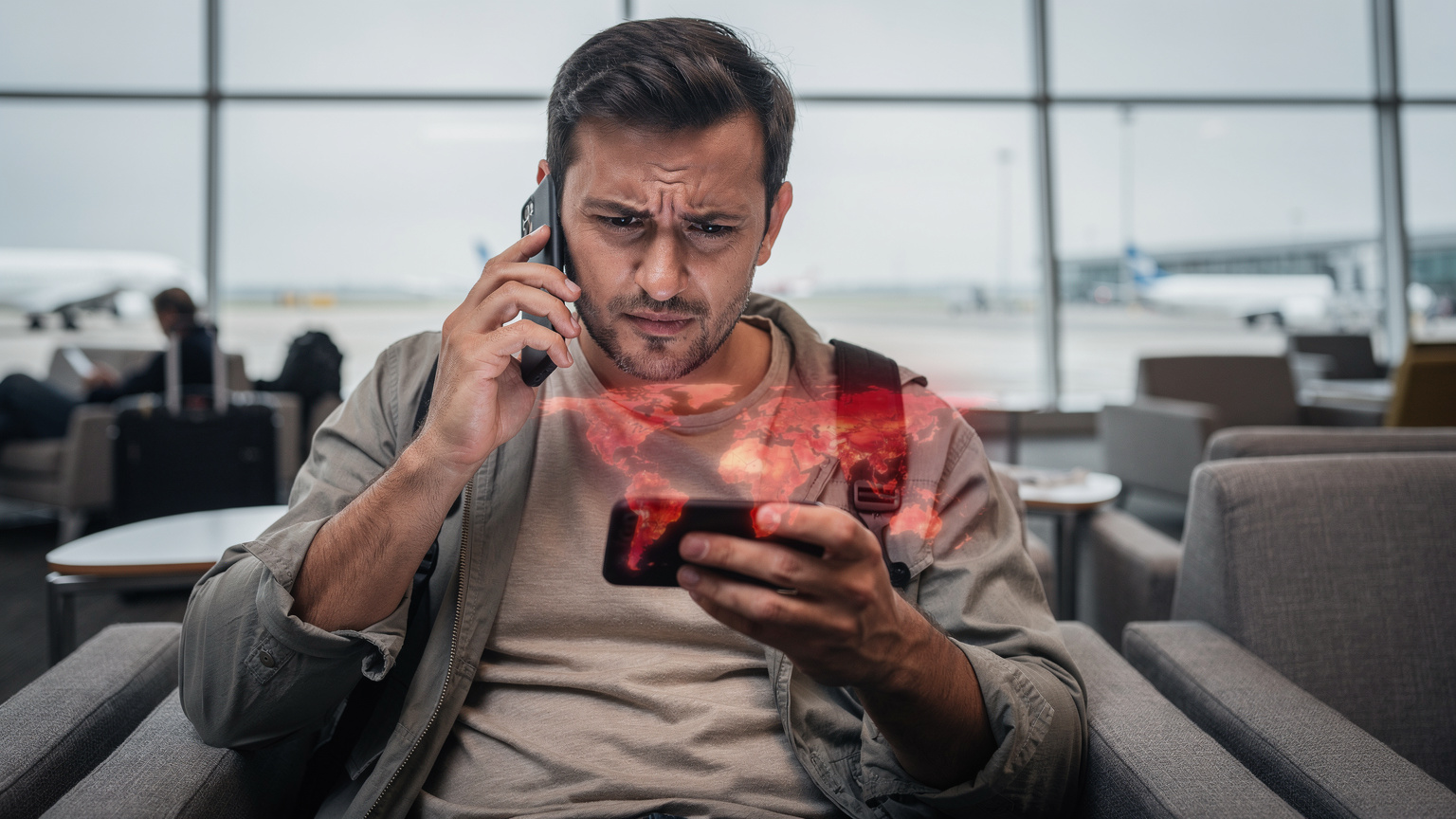 Zamyšlený cestovatel drží telefon, na obrazovce je mapa s drahými roamingovými poplatky, symbolizující zklamání z vysokých nákladů na data.