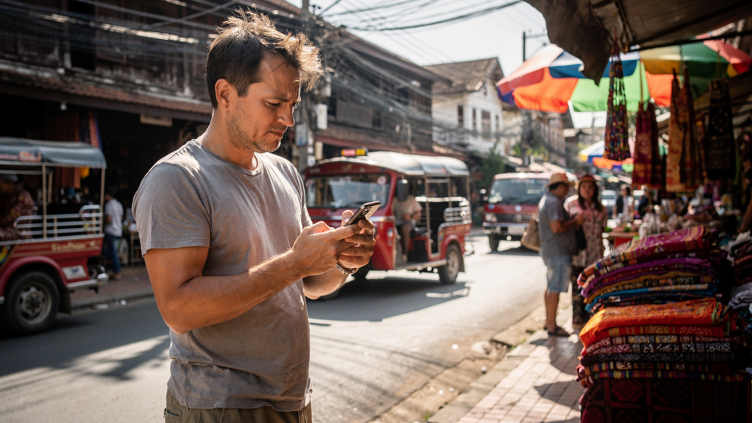 Un homme vérifie la couverture réseau sur son téléphone dans une rue animée de Chiang Mai, sous le soleil éclatant de l'après-midi, avec des tuk-tuks et des étals de marché en arrière-plan.