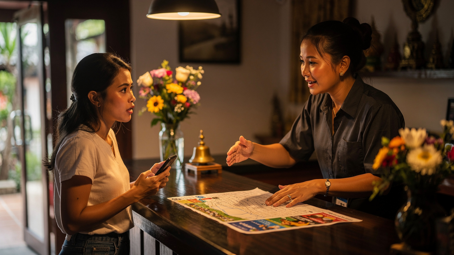 Une femme à la réception d'un hôtel à Chiang Mai, son smartphone à la main, l'air légèrement préoccupé, face à un employé d'hôtel souriant qui l'aide.