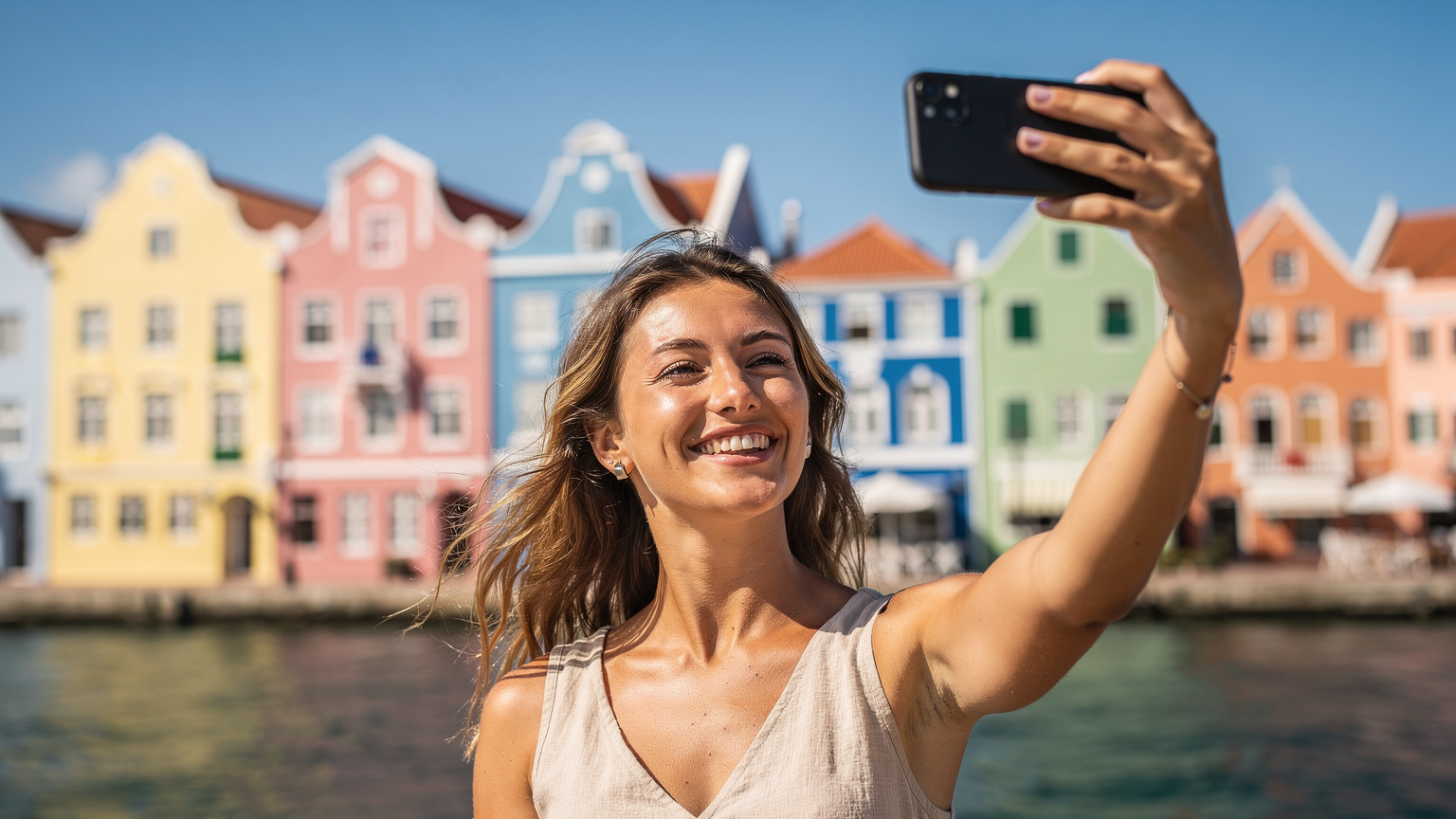 Een jonge, glimlachende vrouw maakt een selfie met haar smartphone, met de iconische pastelkleurige huizen van Punda's Handelskade in Willemstad, Curaçao op de achtergrond. De zon is fel en creëert heldere kleuren.