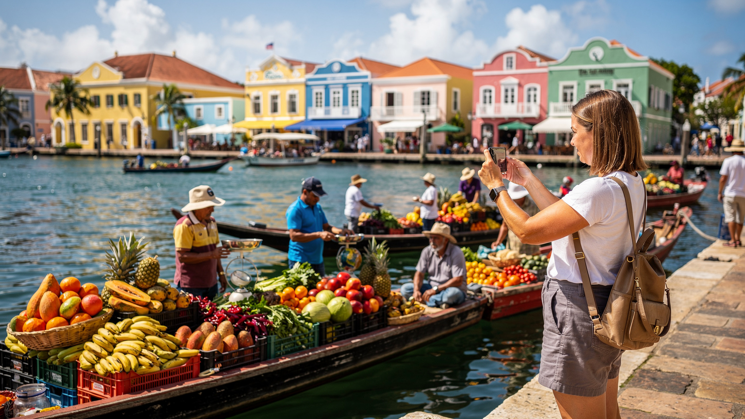 Een levendige scène van de drijvende markt in Willemstad, Curaçao. Lokale verkopers verkopen kleurrijk fruit en groenten direct vanaf hun houten boten, terwijl een reiziger met een smartphone foto's maakt van de unieke sfeer.