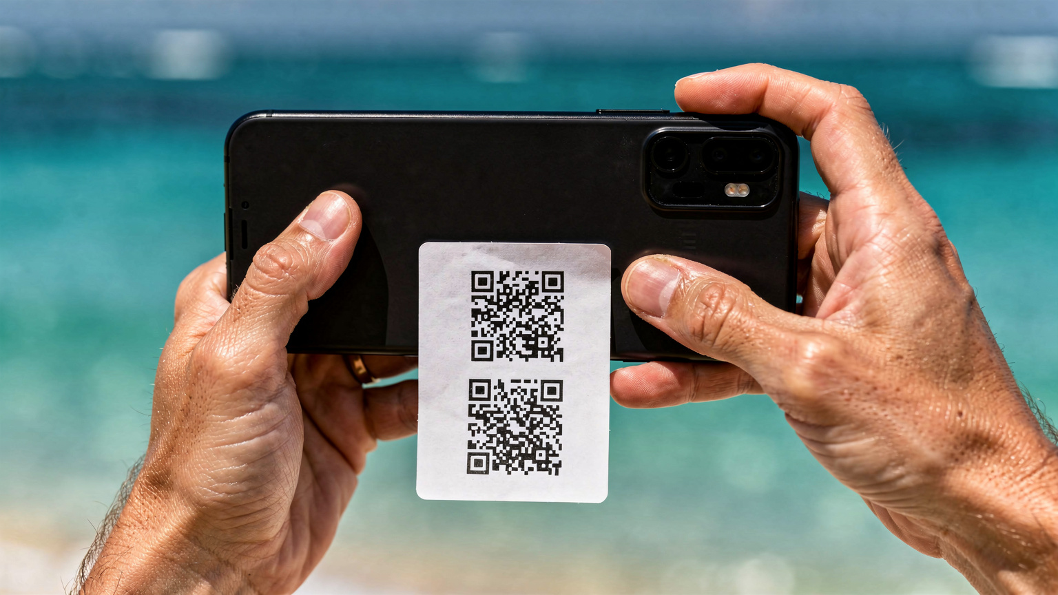 Een close-up van menselijke handen die een smartphone vasthouden en een QR-code scannen die op een stuk papier staat, met de wazige, turquoise Caribische Zee op de achtergrond. De focus ligt op de interactie tussen handen en scherm.