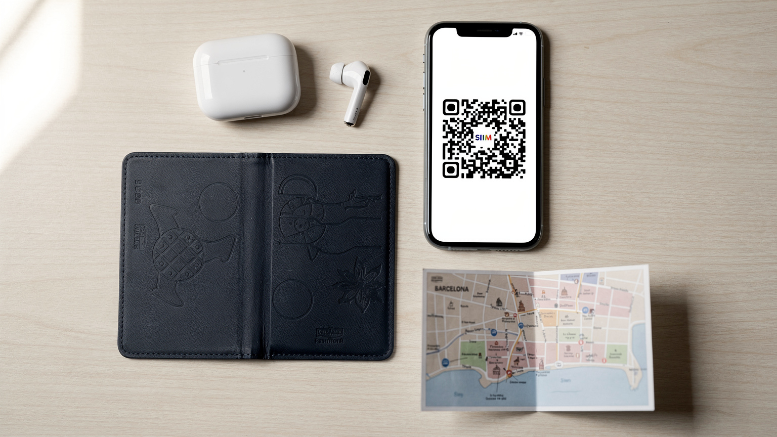 An overhead flat-lay composition of essential travel items: a dark blue passport, a smartphone displaying a blank eSIM QR code on its screen, a pair of sleek wireless earbuds, and a small, folded paper map of Barcelona, all neatly arranged on a light wooden table.