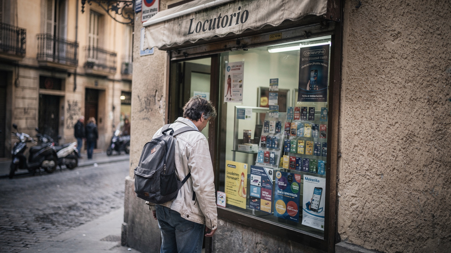 A person standing in front of a small, traditional Spanish 'locutorio' or convenience store, looking at a display of brightly colored prepaid top-up cards and phone services in the window.