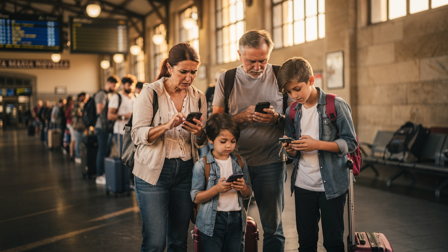 Un grupo de turistas familiares consultando sus teléfonos con mapas digitales mientras esperan en la cola de la estación de tren de Santa María Novella en Florencia, Italia, al atardecer.