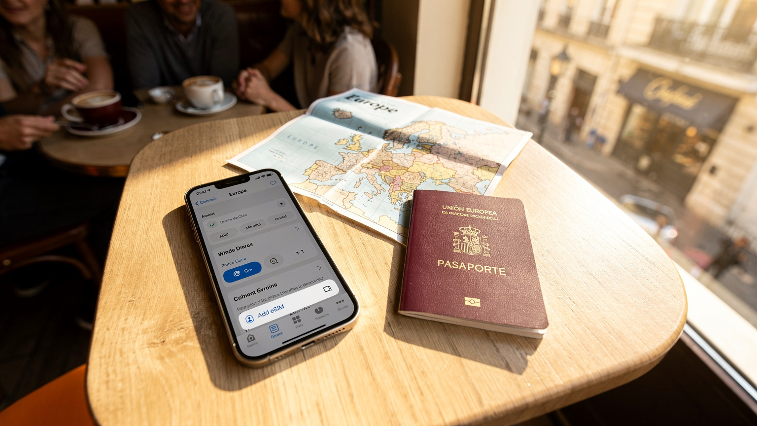 Un iPhone 14 mostrando la pantalla de configuración de datos móviles, con la opción "Añadir eSIM" resaltada, sobre una mesa de café con un mapa de Europa y un pasaporte.