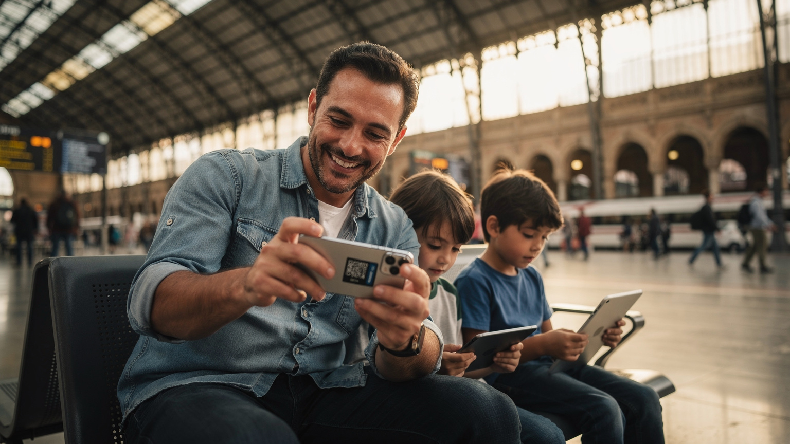 Un padre sonriente escaneando un código QR de eSIM con su iPhone 14 en la estación de tren de Atocha en Madrid, con sus hijos sentados al lado, jugando con sus tabletas.