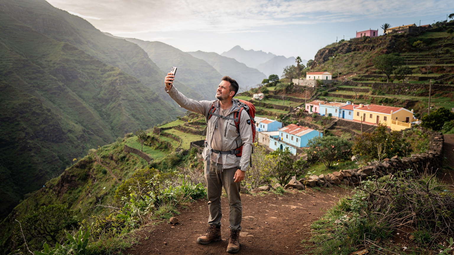 Um viajante verificando o sinal do celular em uma área rural montanhosa da Ilha de Santo Antão, Cabo Verde, com casas coloridas e vegetação exuberante ao fundo.