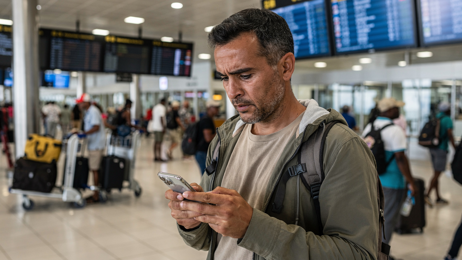 Um viajante preocupado olhando para o seu iPhone, tentando se conectar a uma rede Wi-Fi em um aeroporto movimentado de Cabo Verde, com malas e outros passageiros ao fundo.