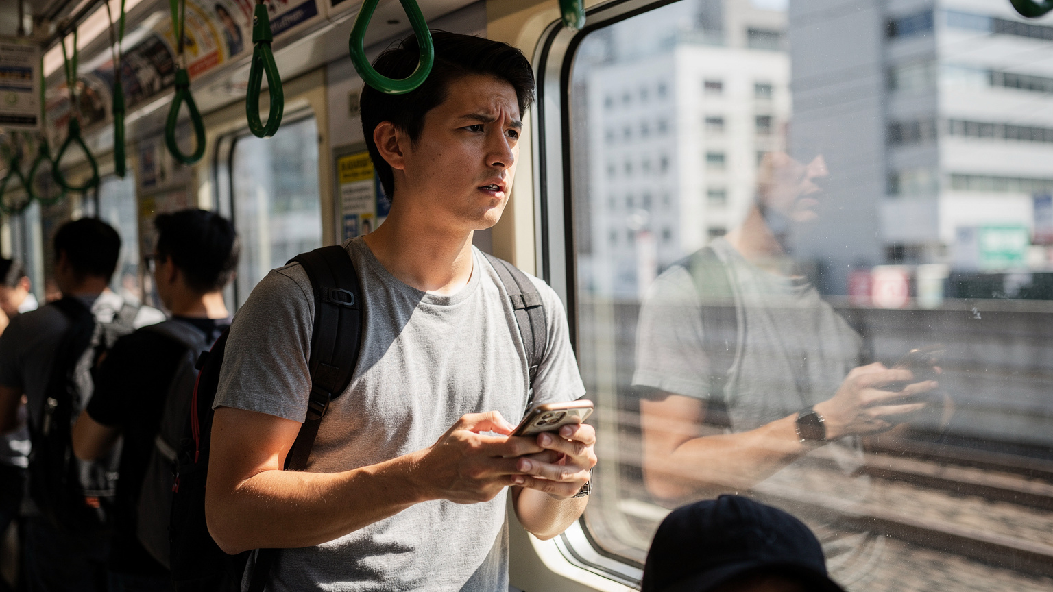 Seorang pengembara sedang menaiki kereta api Yamanote Line yang sesak di Tokyo, melihat ke luar tingkap sambil memegang telefonnya dengan ekspresi sedikit risau, membayangkan masalah sambungan data.
