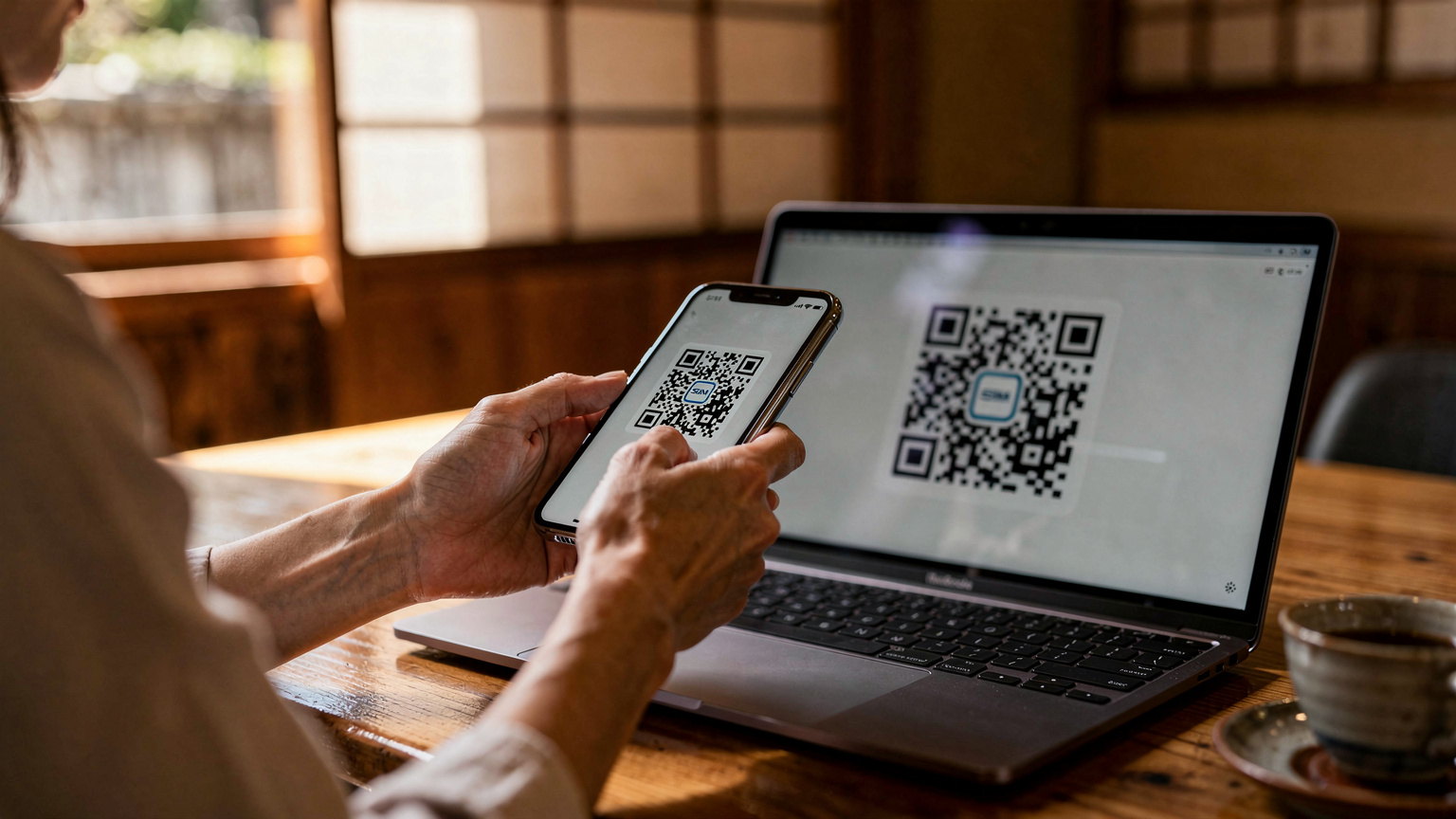 Tangan seorang wanita sedang memegang telefon pintar, mengimbas kod QR eSIM yang terpapar di skrin komputer riba di sebuah kafe yang tenang.