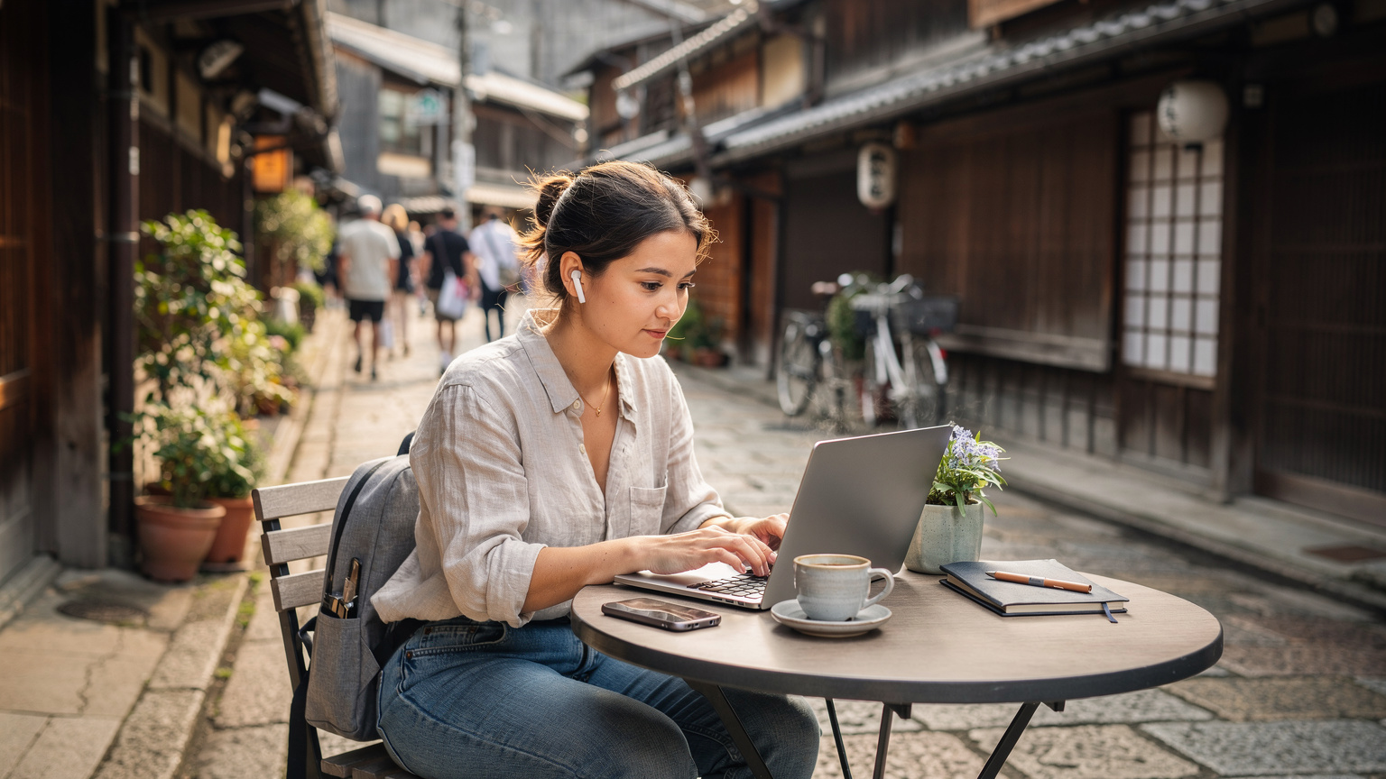 Seorang wanita nomad digital sedang duduk di luar sebuah kafe di daerah Kyoto, dengan komputer riba terbuka dan telefon pintarnya di sebelah secawan kopi. Pemandangan bandar tradisional Jepun di latar belakang.