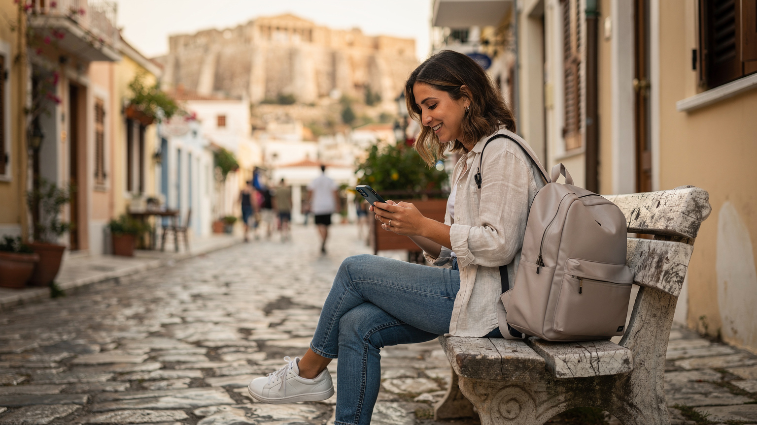 Una donna sorride mentre usa il suo smartphone, seduta su una panchina di pietra con l'Acropoli di Atene che si staglia maestosa sullo sfondo, nel quartiere di Plaka.