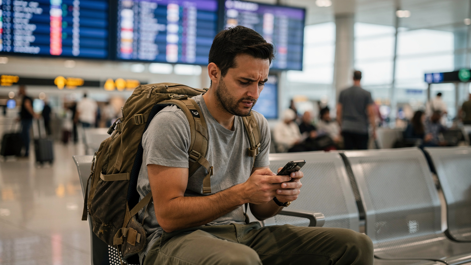 Un uomo con uno zaino guarda il suo smartphone con un'espressione confusa o preoccupata, seduto su una panchina in un affollato terminal dell'aeroporto internazionale di Dubai, con tabelloni digitali di arrivi e partenze sullo sfondo.