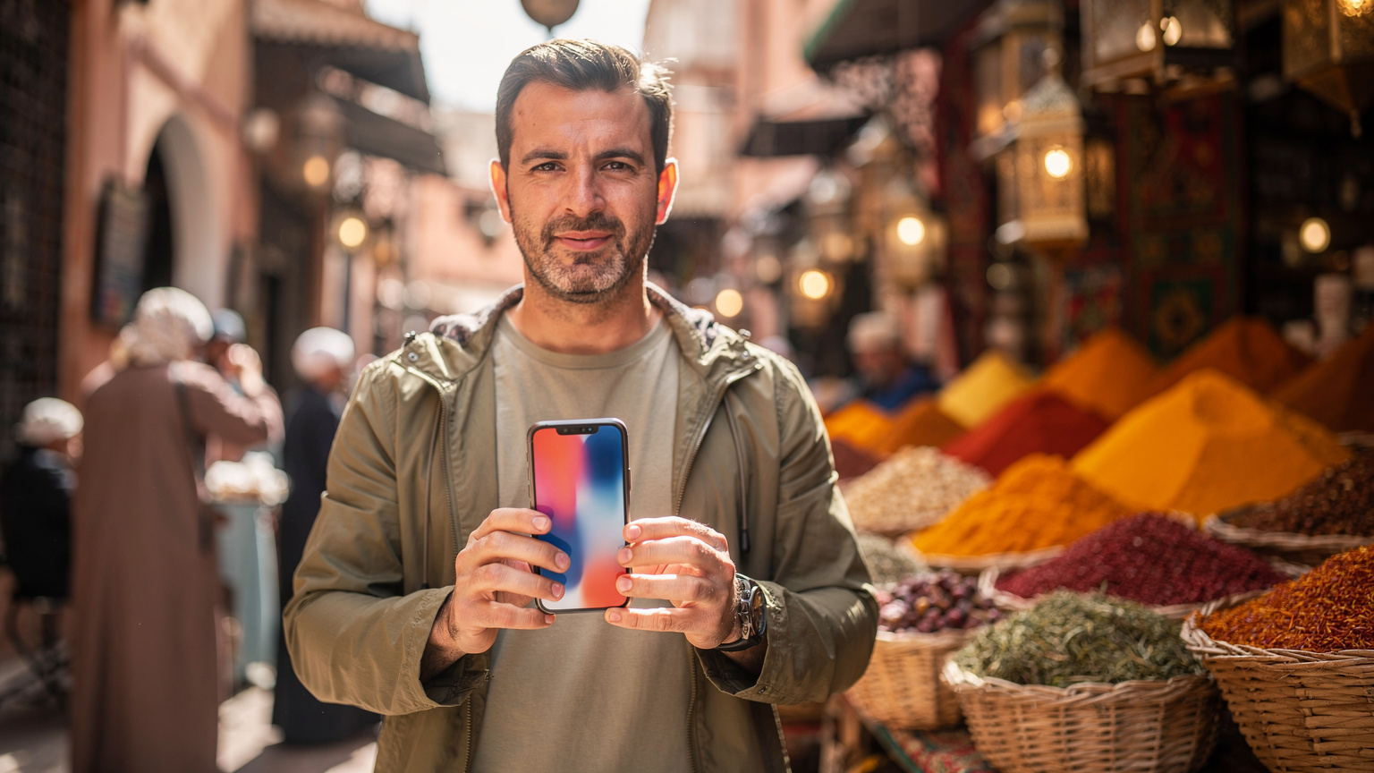 Podróżnik w Maroku, trzymający smartfon z widocznym ekranem aktywacji eSIM, na tle targu przypraw w Marrakeszu, oświetlony jasnym, porannym słońcem.