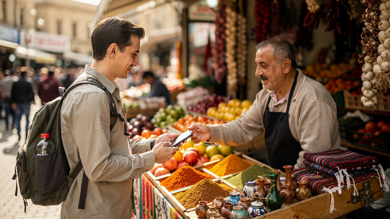A traveler in a bustling local market in Baku, Azerbaijan, using their phone to translate prices or communicate with a vendor, showcasing seamless connectivity in a cultural setting.