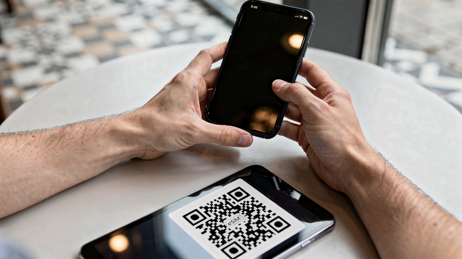 Close-up of human hands holding a smartphone, with a Cellesim QR code displayed on another device or printout, illustrating the easy activation process.