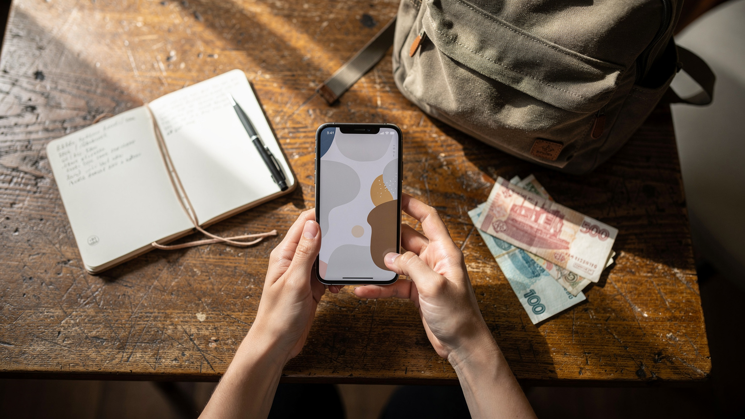 A backpacker meticulously tracking their expenses and data usage on a phone, with a travel journal and Azerbaijani manat notes scattered around a hostel common room table.