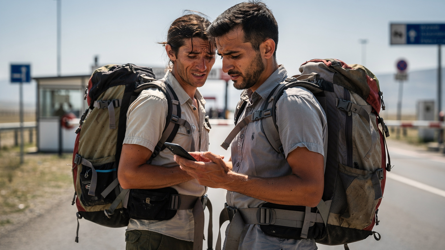 A backpacker at a border crossing checkpoint, looking at their phone with a slightly concerned expression, checking network settings as they transition between countries.