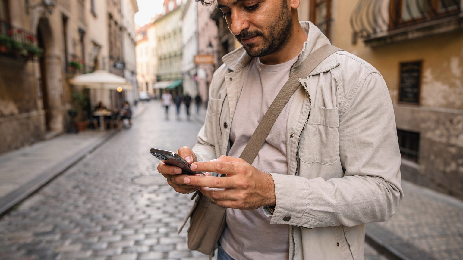 Elinde akıllı telefon tutan bir Türk Telekom abonesi, telefonuyla yurt dışı eSIM paketlerini araştırıyor. Arka planda Avrupa'ya özgü tarihi bir sokak manzarası.