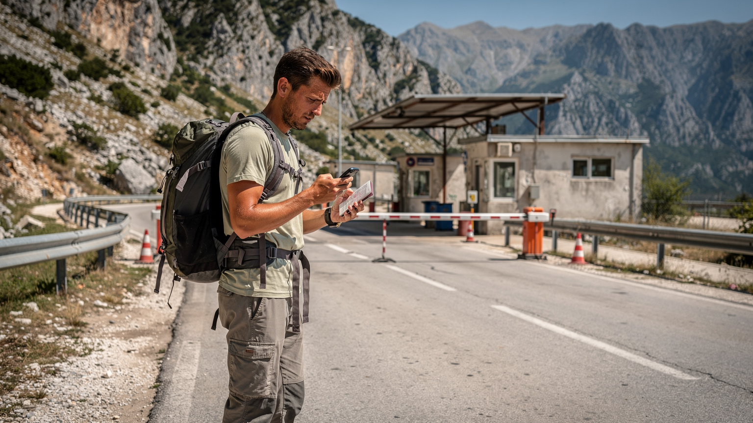 Bosna Hersek ile Karadağ arasındaki bir sınır kapısında, elinde pasaport ve telefon tutan sırt çantalı bir gezgin, telefonundan harita kontrol ediyor.