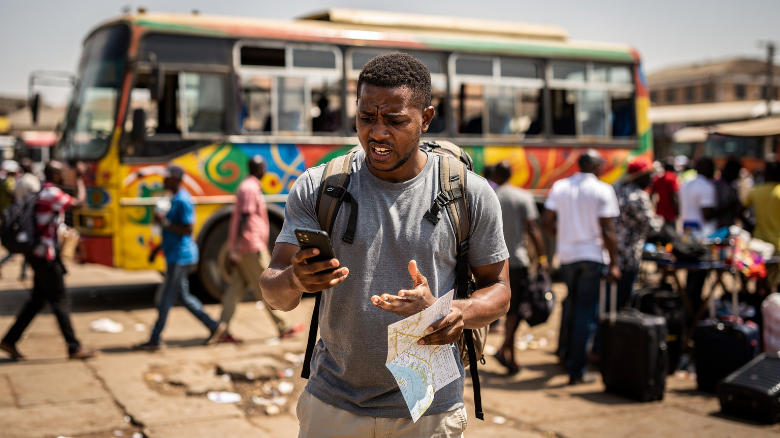 A traveler, looking slightly flustered, holding their smartphone and a paper map, standing at a busy, slightly chaotic bus terminal in a bustling African city, perhaps in Lagos or Nairobi, with a large, colorful bus in the background.