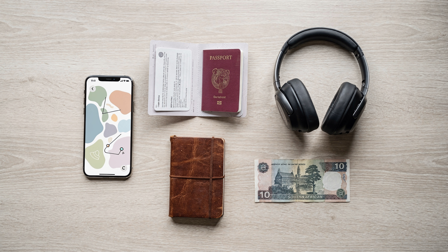An editorial flat-lay of travel essentials: a passport, a smartphone displaying a map app, noise-canceling headphones, a small journal, and a local currency banknote, on a light-colored wooden table.