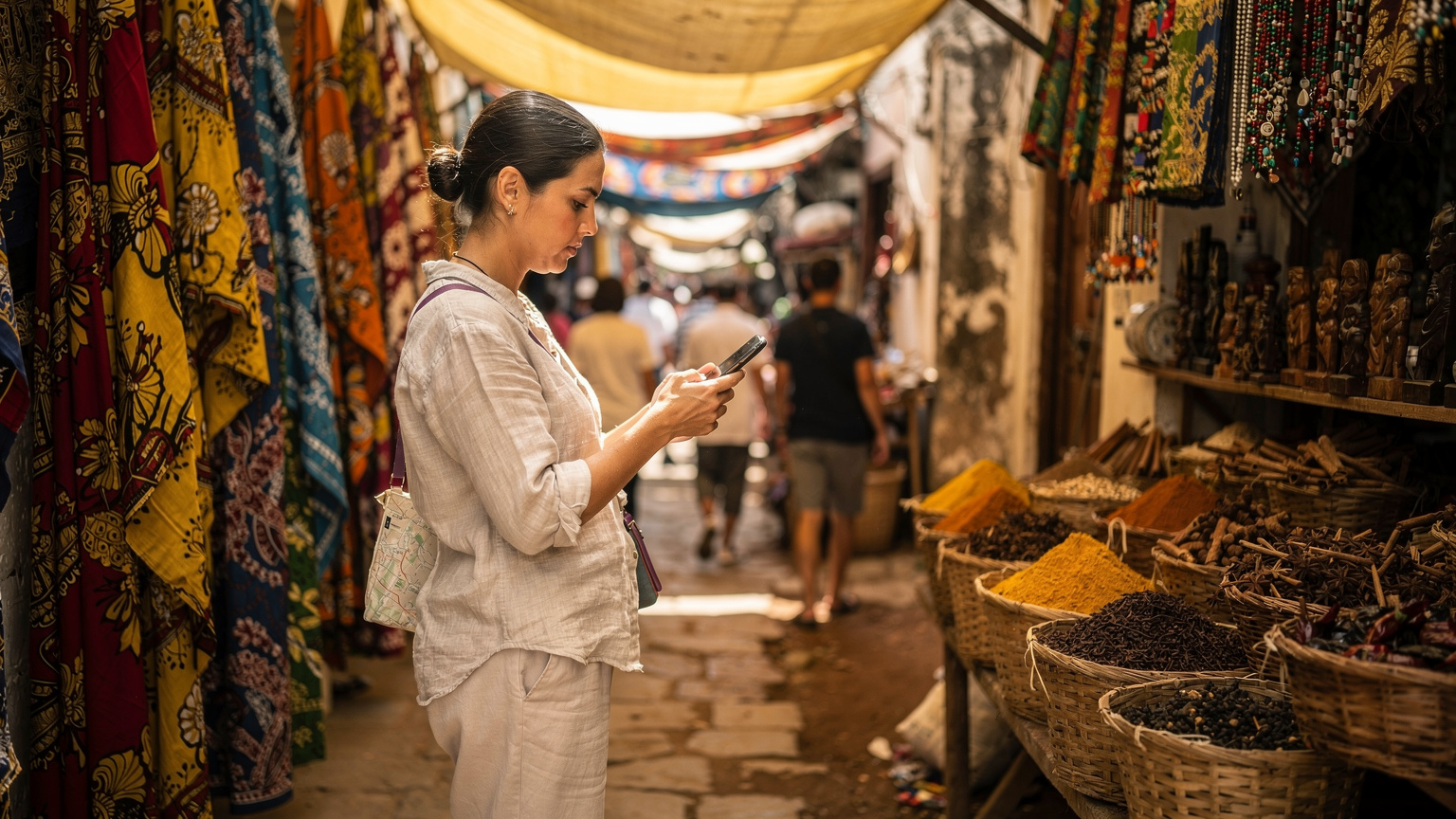 A traveler uses their smartphone to confirm directions while navigating a bustling street market in Stone Town, Zanzibar, with spices and textiles visible in the background.