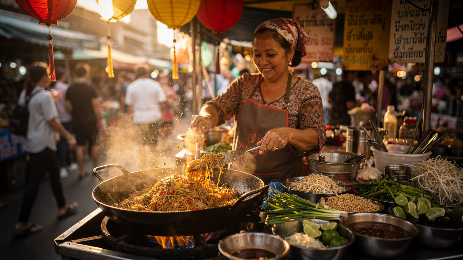 A street food vendor in Bangkok's Chatuchak Weekend Market expertly preparing Pad Thai, surrounded by the vibrant chaos of the market, with a subtle focus on the cultural details.