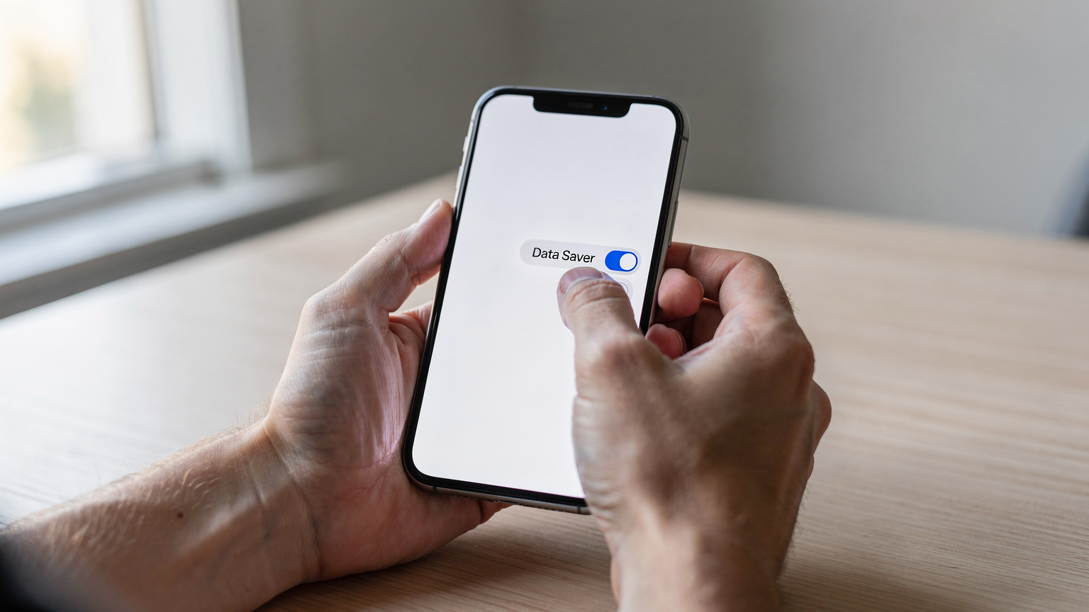 Close-up of a person's hands holding a smartphone, with their thumb carefully navigating through the data settings menu to toggle a data saver option.